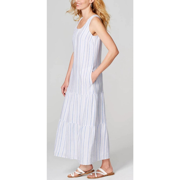 J. Jill Love Linen Sleeveless Tiered Maxi Dress Medium Petite Coastal Beach - Picture 12 of 16